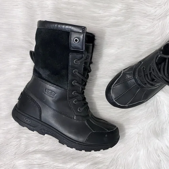 UGG Kids Butte II CWR Black Waterproof Wool Lined Lace Up Winter Snow Boots 4