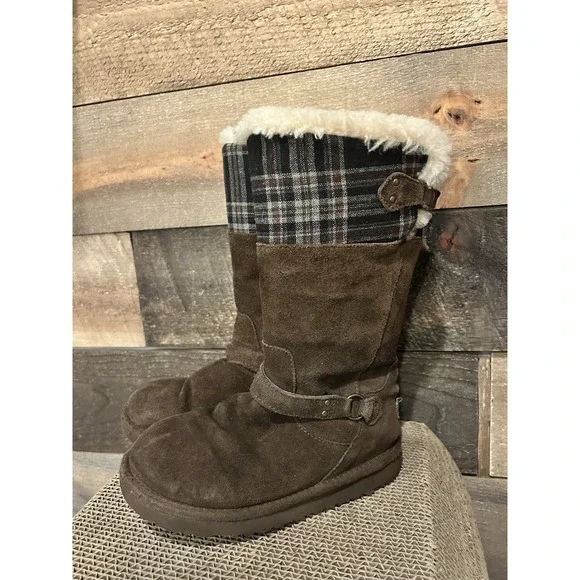 Ugg  Girls Winter Tall Maura Brown Suede Plaid Buckle Zipper Boot Size 1 3286