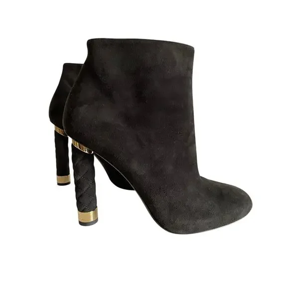 Chanel Black Suede Ankle Boots Quilted Heel CC‎ Gold Cap 39