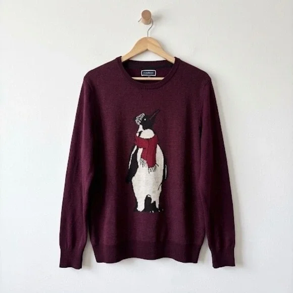 Club Room Mens Merino Wool Blend Penguin Sweater‎ Burgundy Red Large Intarsia