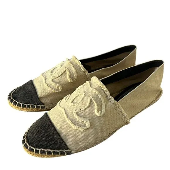 Chanel Size 40‎ CC Logo Cap Toe Espadrille Flats Black Beige Canvas