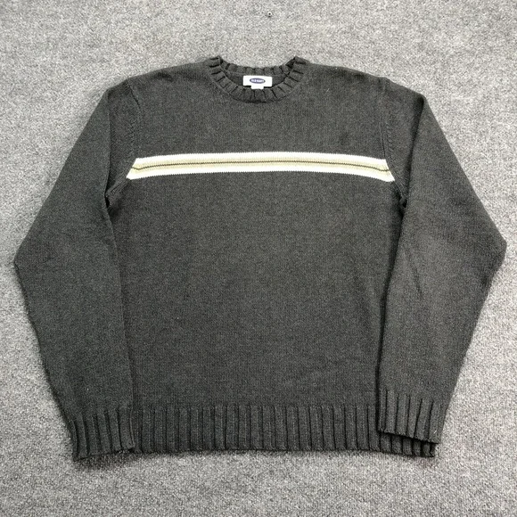 Old Navy Sweater Mens Large Gray Stripe Crewneck Cotton Knit Pullover Casual