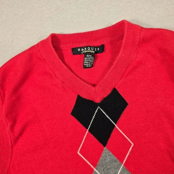 Marquis Signature Mens Medium Red Sweater Vest Argyle V-Neck Cotton Knit