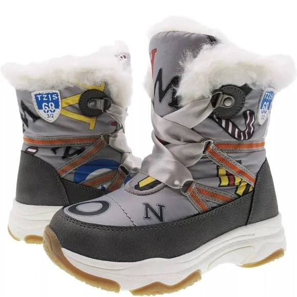 TZJS girls Stylish Gray Winter Boots with Colorful Accents size 2 NWT