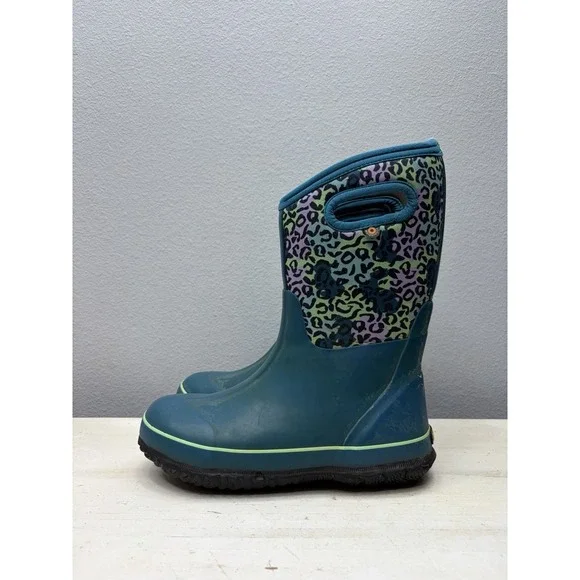 Bogs Kids Classic Leopard Print Thermal Rain Boot Blue Purple Size 4 Waterproof