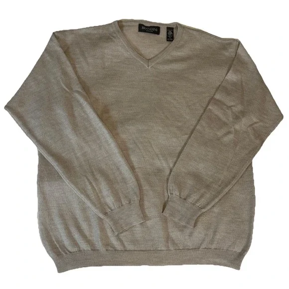Brandini Italian Merino Wool Pullover Sweater Beige Vneck Quiet Luxury Preppy LG