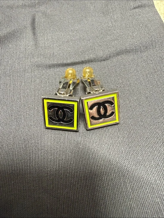CHANEL Square Double C clip on earrings in Neon Green and Black
