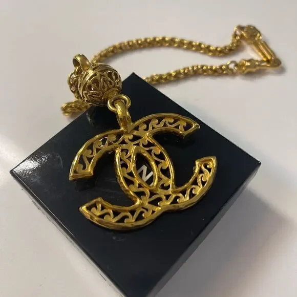 Chanel Vintage Coco Mark Gold Plated Filigree Necklace.