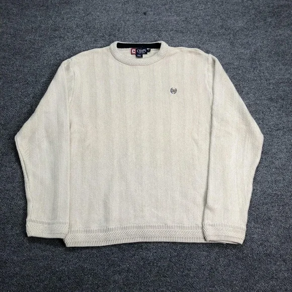 Chaps Sweater Mens Medium White Cotton Herringbone Knit Crewneck Pullover Logo
