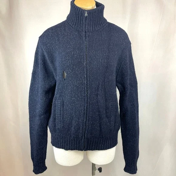 VTG 80s Mens (L) POLO Cardigan Sweater Blue Zip Pockets Grandpa Indie Distressed