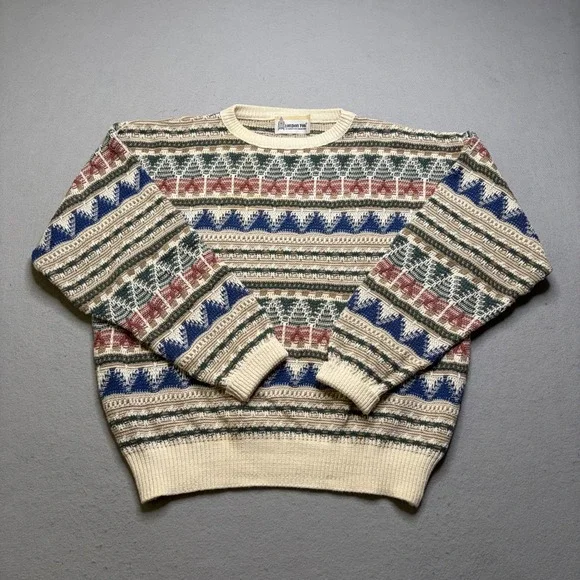 London Fog Sweater Mens XL Multi Fair Isle Geometric Knit Crewneck Vintage