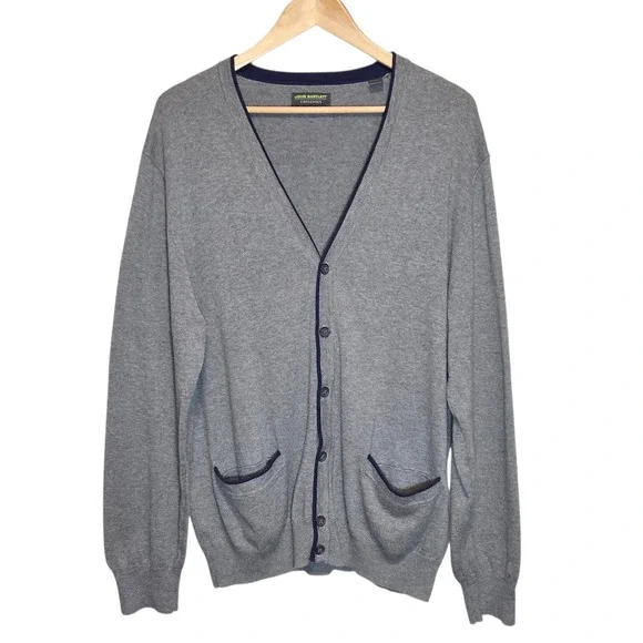 John Bartlett Mens Cardigan  Grey Cotton Preppy‎ Sweater Navy Trim Pockets XL