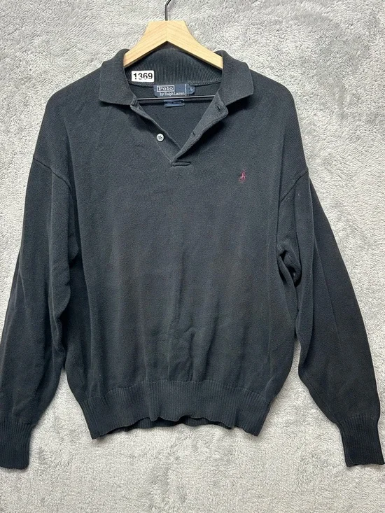 Polo Ralph Lauren Navy Knit Polo Sweater Large Cotton Long Sleeve Classic Logo