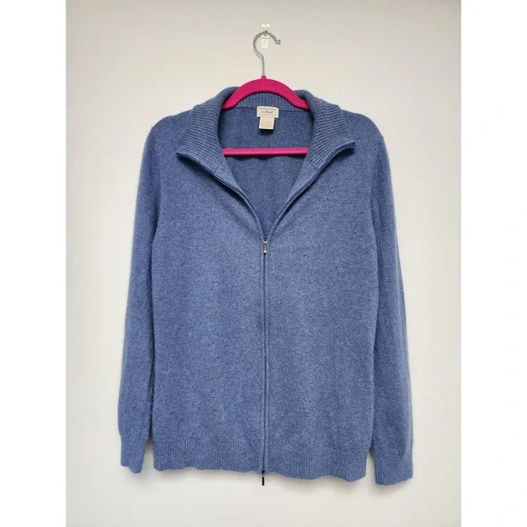 LL Bean Mens XL 100% Cashmere Full Zip Sweater Blue Heather Mock‎ Neck