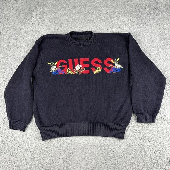 Vintage Guess Sweater Adult Medium Black Spell Out Flowers Embroidred 90s