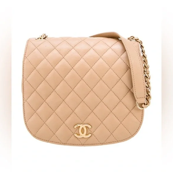 Chanel Coco CC Messenger Calfskin and Quilted Goatskin Tan Bag