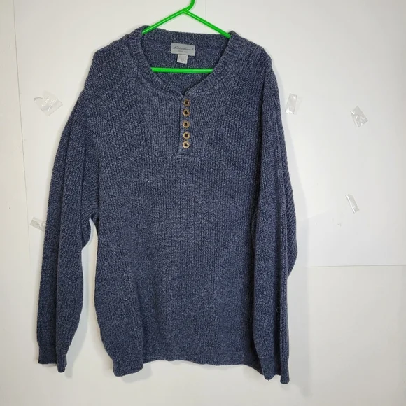 Mens Eddie Bauer Henley neck Cotton Blend Blue Sweater Size 2XL USA Made