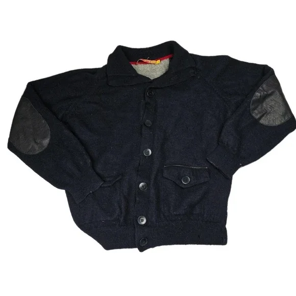 Kuna Navy Knit Cardigan Sweater Leather‎ Elbow Patches Mens Small Button Down