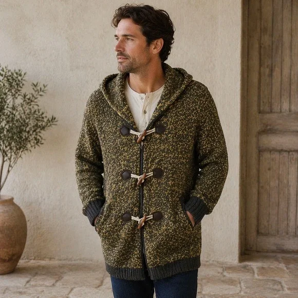 Mens Hooded Toggle Cardigan‎ Sweater M Yellow Brown Wool Blend Duffle Knit