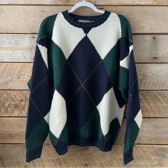 Vintage New River Co 90s Sweater Mens XL X-Large Blue Green Argyle Knit Chunky