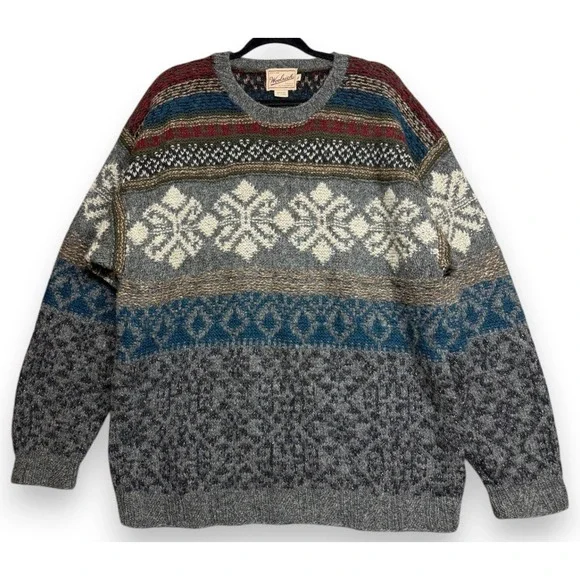 Woolrich Sweater Mens XL Multi Fair Isle Snowflake Handknit Wool Silk Blend Crew