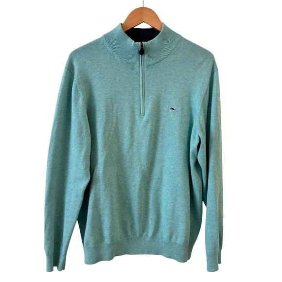 Vineyard Vines Mens 1/4 Zip‎ Polo Sweater Size M Teal Whale Logo Preppy