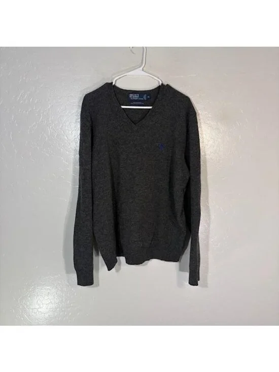 Polo By Ralph Lauren Sweater Mens XL Gray Lambswool V Neck Pony Logo Pullover