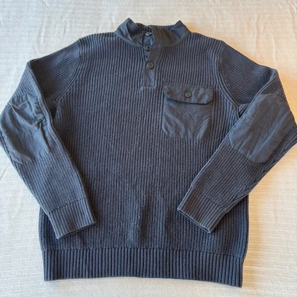 Duluth Trading Co Mens Gray Ribbed Henley Sweater Nylon Trim Elbow Patches M
