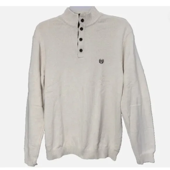 Chaps Men’s XXL Cotton Mock Neck Sweater Cream Elbow Patches Button Pullover