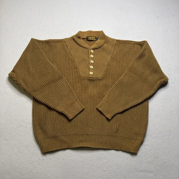 Eddie Bauer Sweater Mens L Brown Vintage Henley Chunky Knit Cotton Shawl Collar