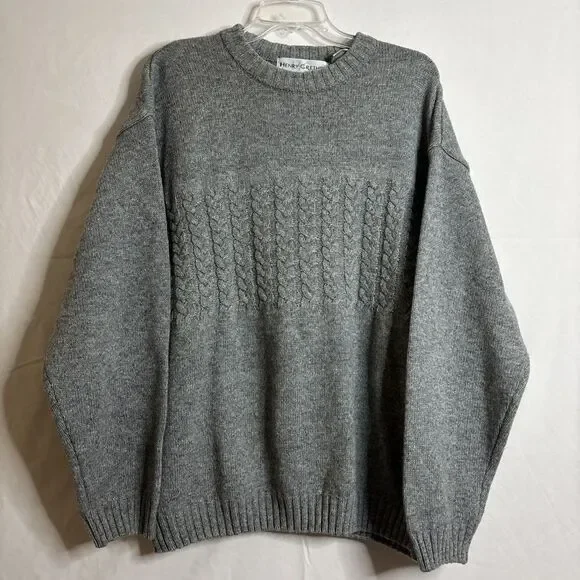 Henry Grethel Men's XL Grey Crewneck Chunky Knit Wool Blend Grandpa Sweater