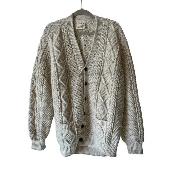 Athena Designs Irish Handknit Wool Cable Knit Sweater‎ Size L Cream Beige V Neck