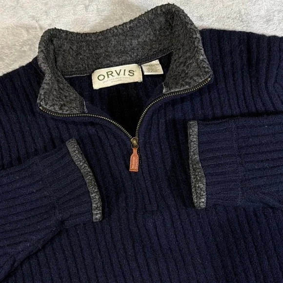 Vintage Orvis Rib Knit Quarter-Zip Lambswool Sweater | Navy Blue | Medium