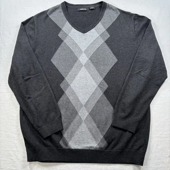 Claiborne‎ Sweater Men L Gray Argyle Pullover Sweater Dad Golf Casual Academia