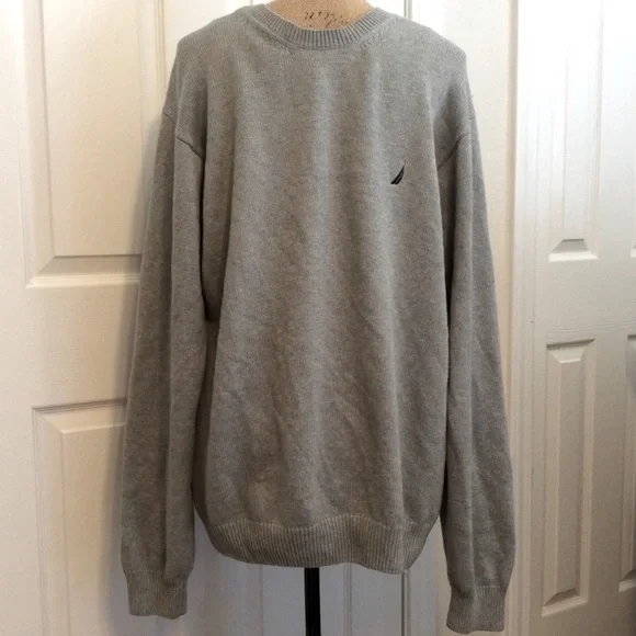 Nautica Men’s XL cotton knit light gray crew neck sweater nautical fisherman