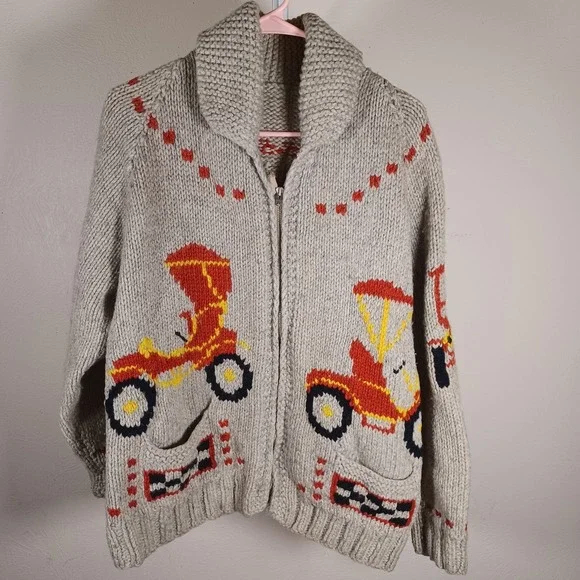 Vintage Handmade Cowichan Mid Century Woven Wool‎ Sweater Shawl Zip Cars Racing