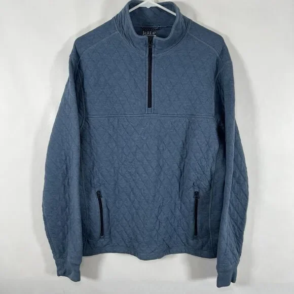 J.Crew Quilted 1/4 Zip Pullover Sweater Mens Size Medium Blue Zipper Pockets