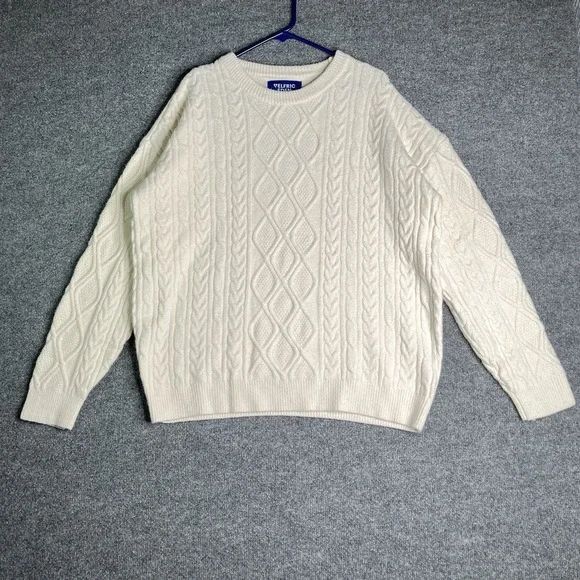 Aelfric Eden Retro 90s Cable Knit Sweater Men XL White Cream Ivory Fisherman‎