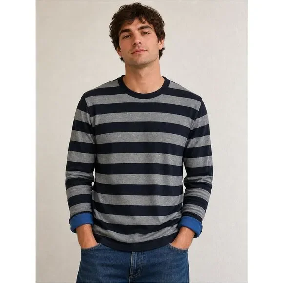 Banana Republic Luxury Blend Navy & Gray Striped Sweater Cashmere Silk XL Mens
