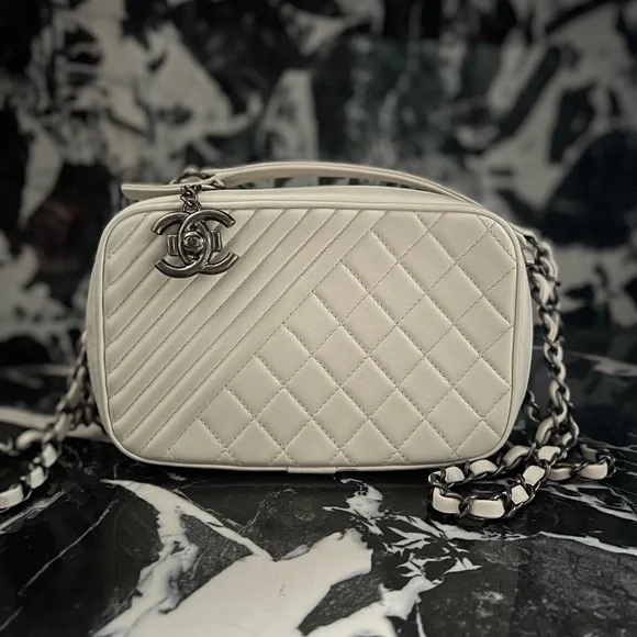 CHANEL Lambskin Quilted Mini Coco Boy Camera Bag White