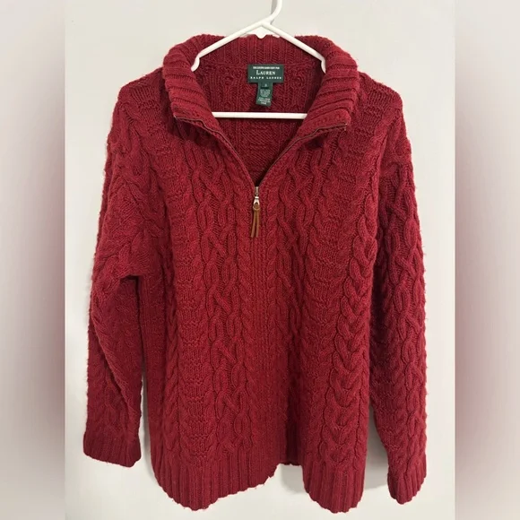 Men’s Ralph Lauren Cable-Knit Open Cardigan - Red. Oversized small. 100% Wool.