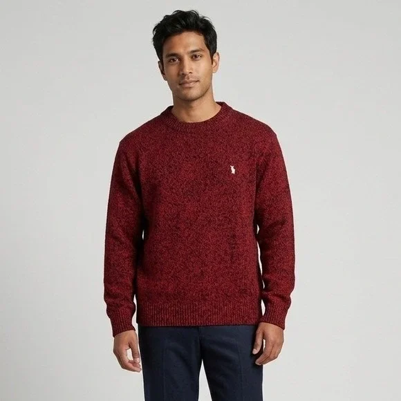 Polo Ralph Lauren Mens XL Red Black Marled 100% Wool Crewneck Sweater‎ Pony Logo