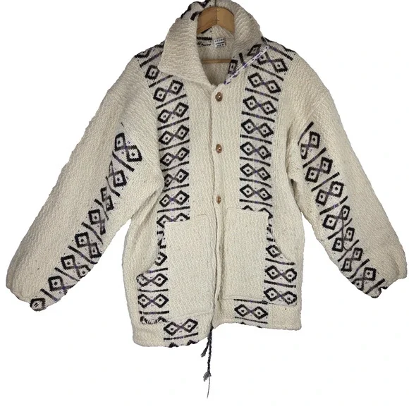 Vtg Wool Shawl Sweater Cardigan Hand Knit Button Grandpa Aztec