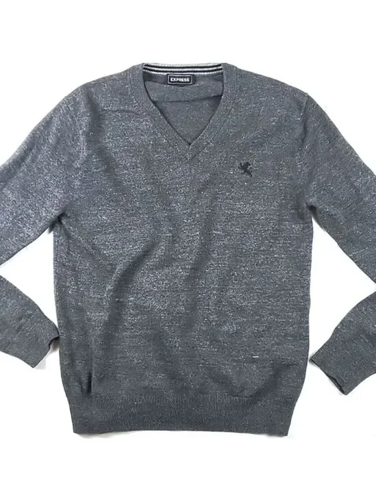 Express 100% Cotton Knit Heather Grey V-Neck Pullover Sweater Men's Size…
