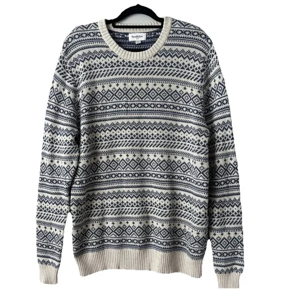 Mens Fair Isle Sweater‎ 100% Cotton Navy Blue Beige Sz L Grandpa Preppy Academia