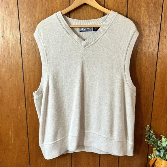 STRUCTURE‎ Mens XL V Neck Sweater Vest Beige Cotton Classic Fit Casual