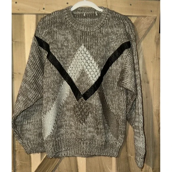 Vintage 90s Streetwear Mens Size Large‎ Leather Trim Chunky Sweater