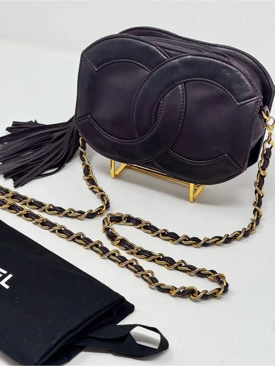 CHANEL Vintage CC Tassel Camera Bag Eggplant purple Shoulder Bag