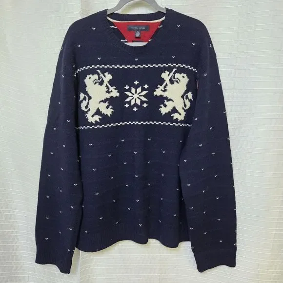 VGT Tommy Hilfiger Lambswool Crewneck Sweater Men's XXL Heraldic Lion Navy/Cream