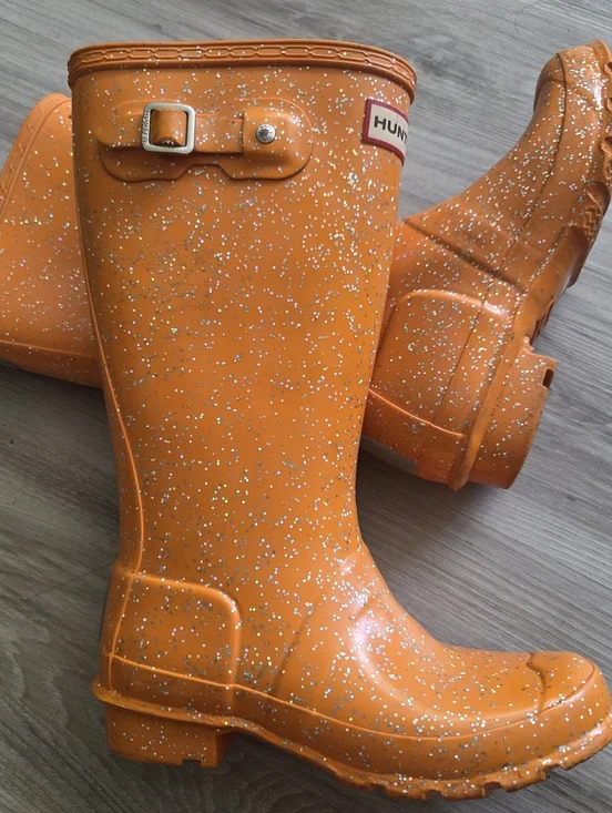 Hunter Kids Tall Rubber Rain Boots Orange Glitter Little Girl Size US 3